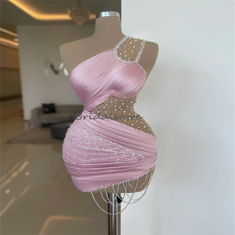 Luxury Pink Short Prom Dresses With Beaded Sexy One Shoulder Tassel Evening Dress Black Girls Cocktail Party Dress Elegant Vestios De Gala Formal Birt
