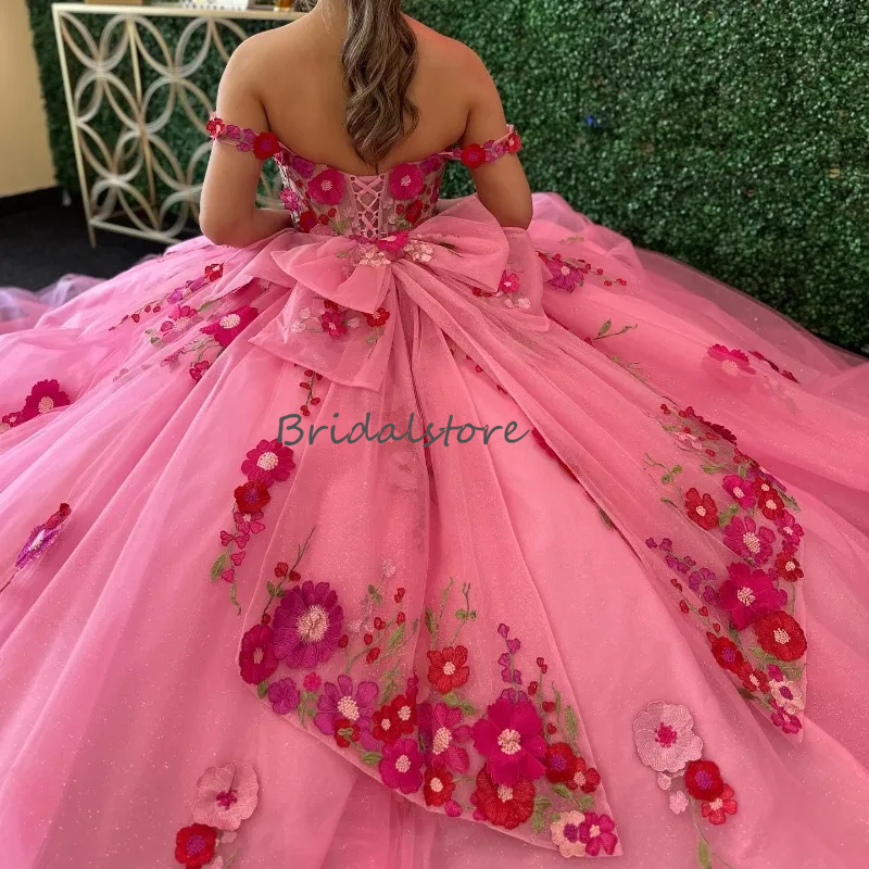 Princess Rose Pink Quinceanera Dresses Off Shoulders Flower Florals Ball Gown Sweet 15 Sixteen Birthday Party Dress Charro Bow Vestidos De xv Debutant