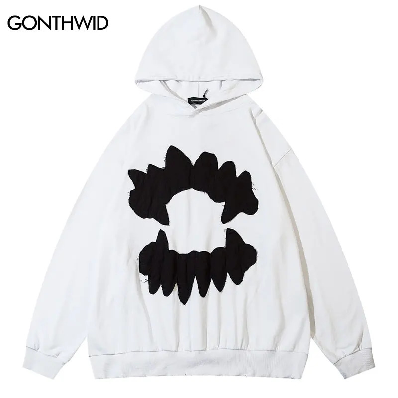 Vintage Mens Hoodie Sweatshirt Y2K Grunge Hip Hop Ripped Embroidery Teeth Patch Hooded Streetwear Harajuku Punk Gothic Pullover 240129