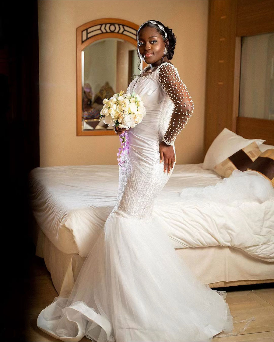 Aso Ebi Arabic Beading Mermaid Wedding Dresses Sheer V Neck Long Sleeves Bridal Gowns Vestidos Custom Made African Lllusion Pearls Beads Robe De Marie