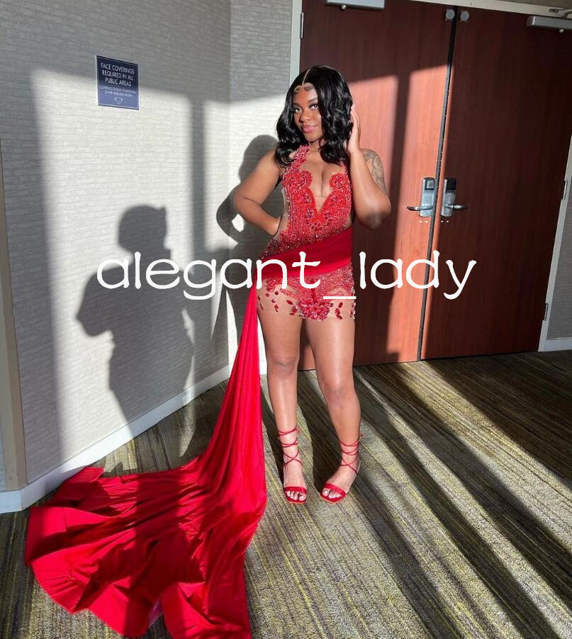Red Luxury Mini Evening Party Dresses with Side Train Sparkly Crystal Rhinestone Black Girl Birthday Gown robe cocktail femme