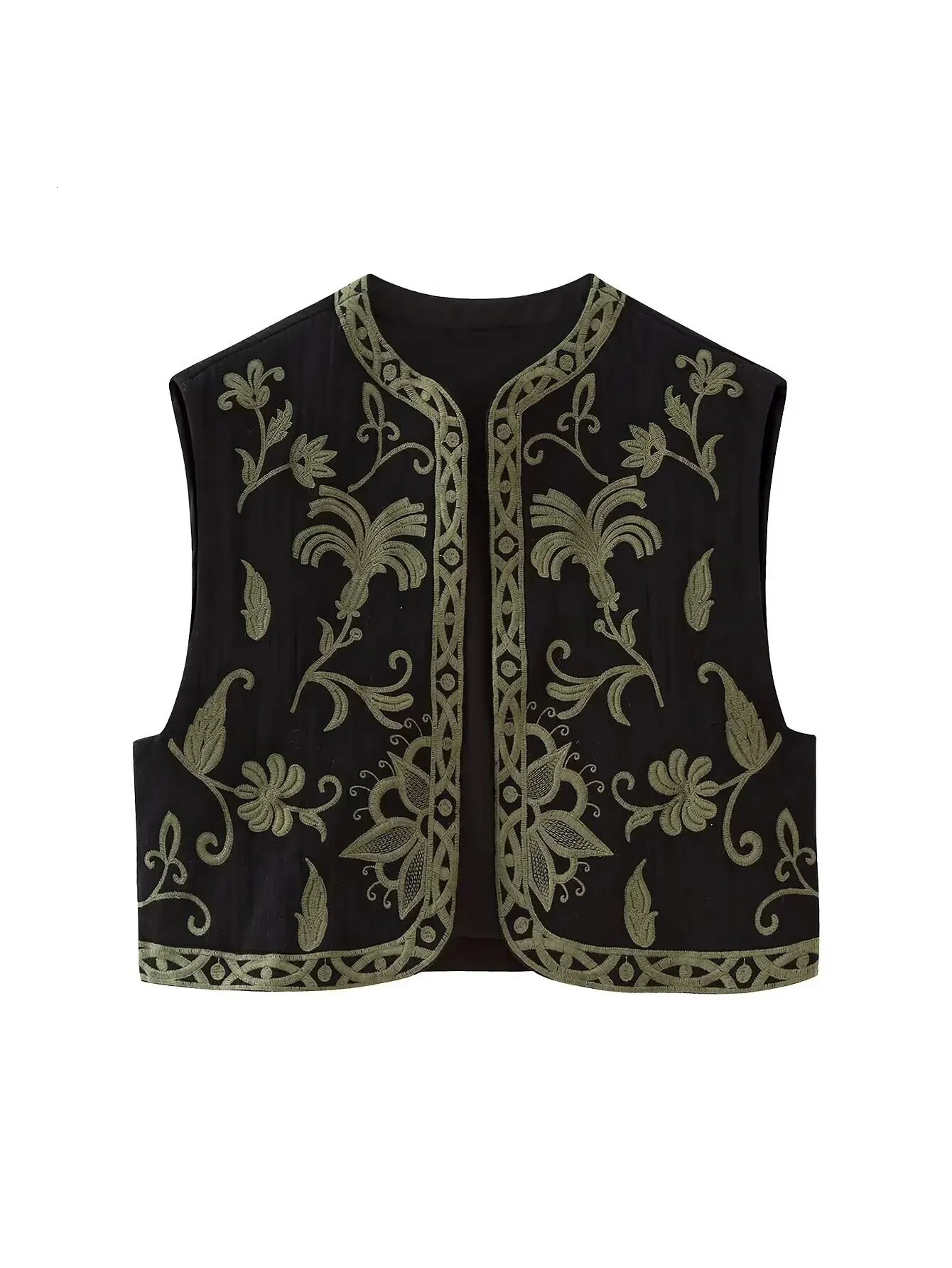 Women Vintage O Neck Flower Embroidery Short Vest Jacket Ladies Sleeveless Casual Cardigan WaistCoat Crop Tops CT5359 240123