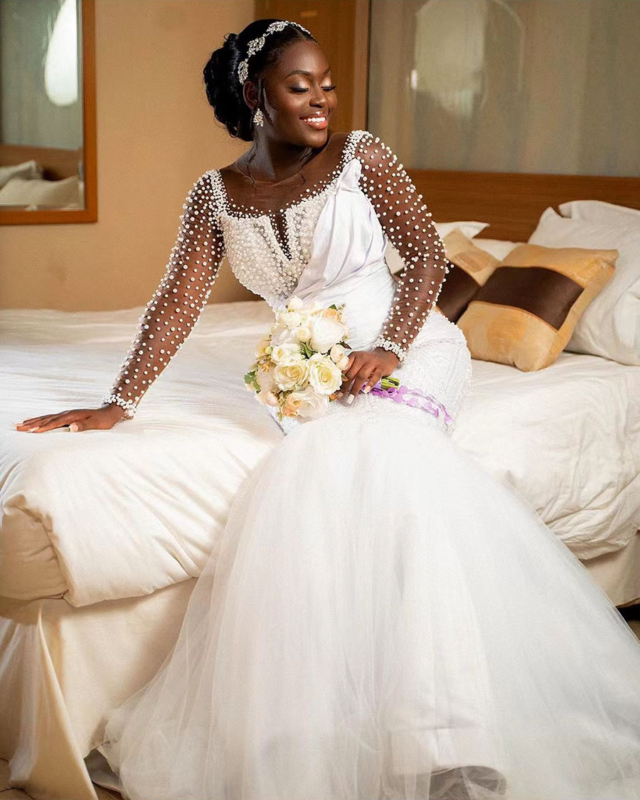 Aso Ebi Arabic Beading Mermaid Wedding Dresses Sheer V Neck Long Sleeves Bridal Gowns Vestidos Custom Made African Lllusion Pearls Beads Robe De Marie