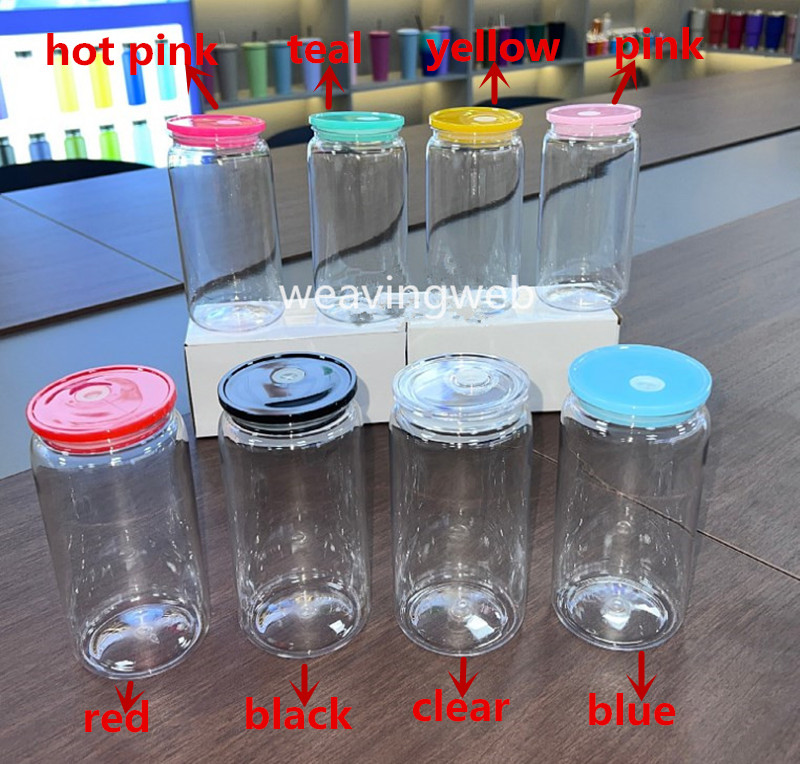 16oz Plastic tumbler with colorful lids Acrylic Libbey Plastic can with Straw for Vinyl UV DTF sticker Summer Drinkware Mason Jar drinking cups