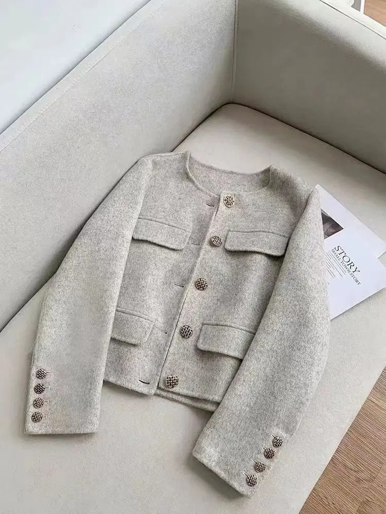 Autumn Women Elegant Woolen Coats Female Korean Chic Single Breasted Short Jackets Office Lady Fashion Oneck 240124