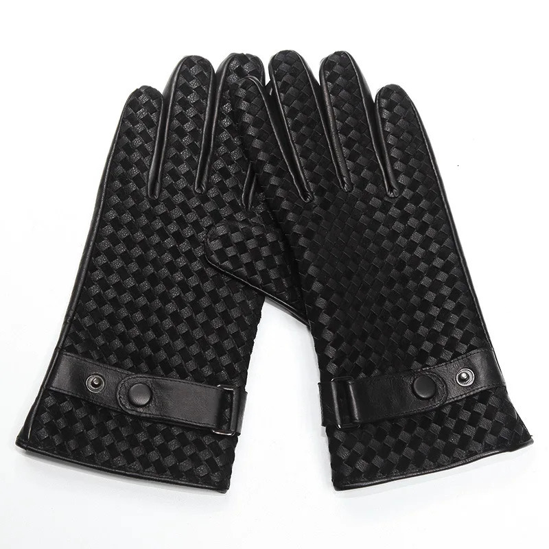 Real Leather Men Gloves Autumn Winter Thermal Plushed Lining Hand-made Woven Sheepskin Driving Gloves Male D0130 240201