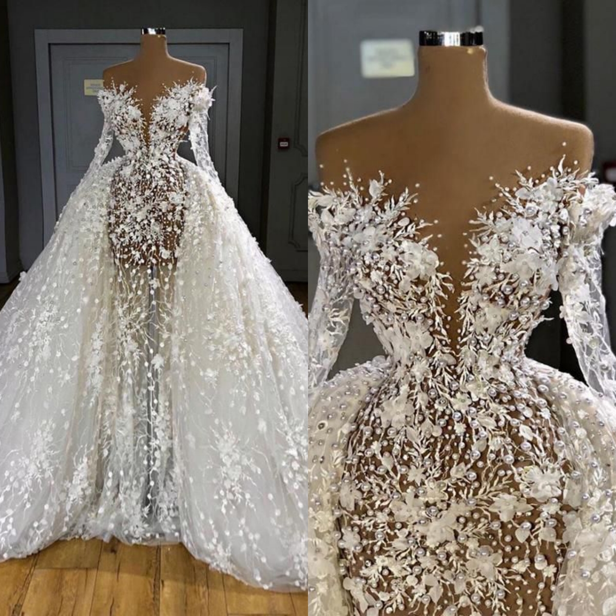 Gorgeous Pearls Appliques Mermaid Bridal Gowns Wedding Dress With Overskirts Off Shoulder Long Sleeve Illusion Made Bride Dresses 0219