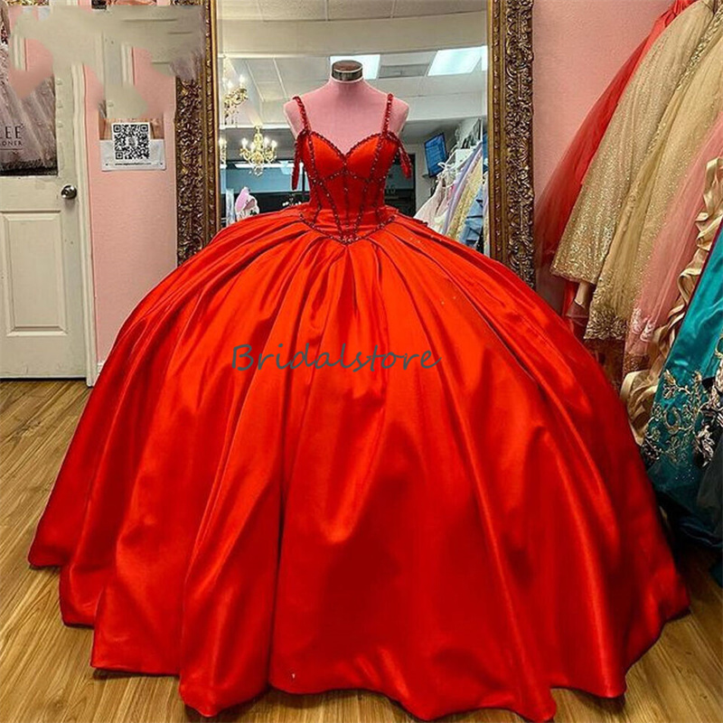 Elegant Red Beaded Quinceanera Dresses Ball Gown Off Shoulder Spaghetti Straps Formal Birthday Dress Corset Vestidos De xv 15 Anos Charro Debutante Me