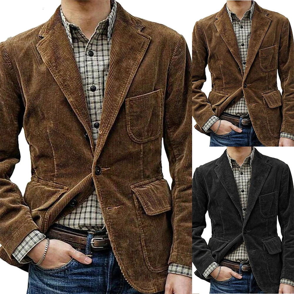 Men Autumn Winter Vintage polyester Slim Button Suit Blazer Business Work Coat Jacket Outwear Casual Fashion Solid Color 240124
