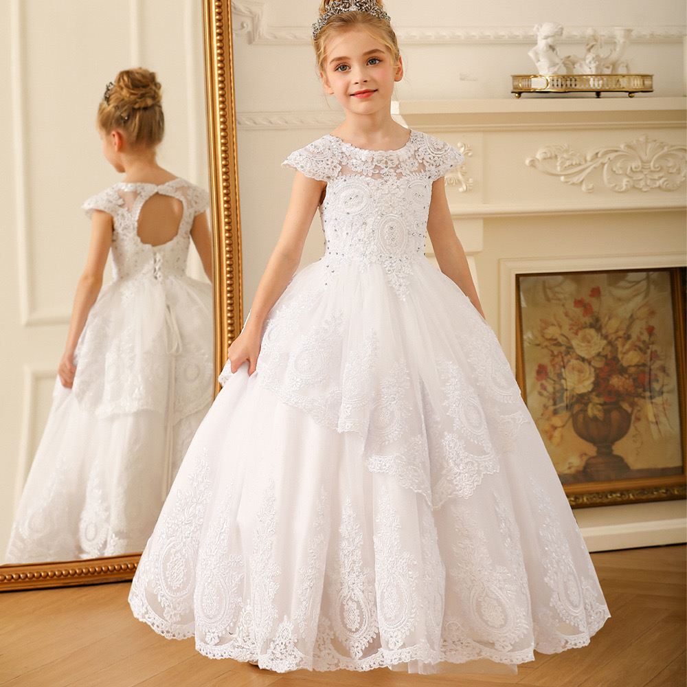 2024 White Flower Girls For Weddings Scoop Ruffles Lace Pearls Backless Princess Children Wed Birthday Party Elegant First Communion Dresses