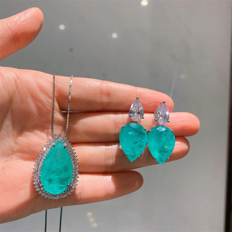 QXTC Vintage Paraiba Tourmaline Gemstone Lab Diamonds Necklace Earrings Charms Wedding Party Fine Jewelry Sets Accessories 240119
