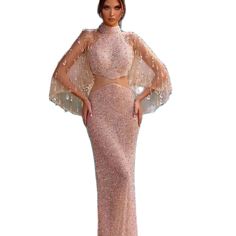 Pink Sequined Mermaid Prom Dresses High Neck Beads Evening Dress Formal Birthday Party Gowns Illusion Wraps