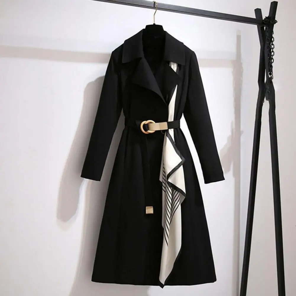 Striped Scarf Draped ALine Belt Open Stitch Lady Windbreaker Spring Autumn Large Lapel Dress Hem MidLength Outerwear 240119