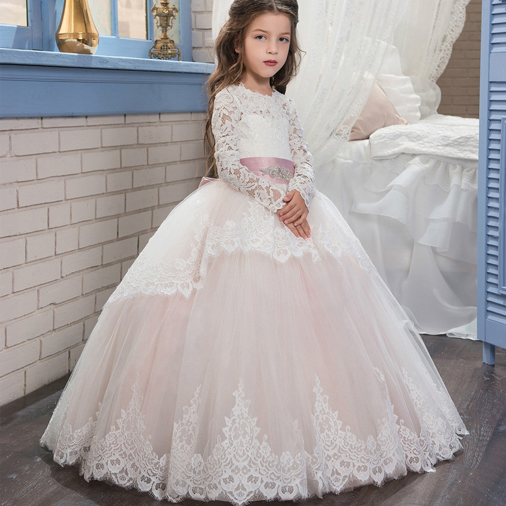 2024 Lovely pink white wer Girl Dresses Wedding Sheer Neck Ball Gown Kids Birthday Party Gowns Beaded Bow Tie Toddler Wears Lace Skirts Girls Pageant 