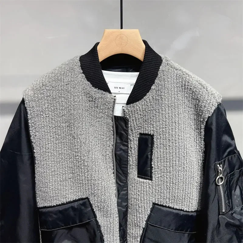Jacket Men's Winter Thickened Lamb Velvet Stitching Baseball Uniform Loose Pilot Jackets Zipper Long Sleeves Pockets Tops 240126