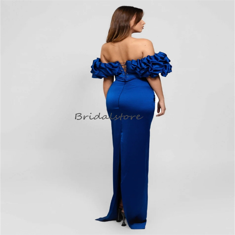 Elegant Royal Blue Mermaid Prom Dresses 2024 Ruffles Off Shoulders Satin Floor Length Evening Dress Sexy Formal Special Occasion Birthday Party Vestio