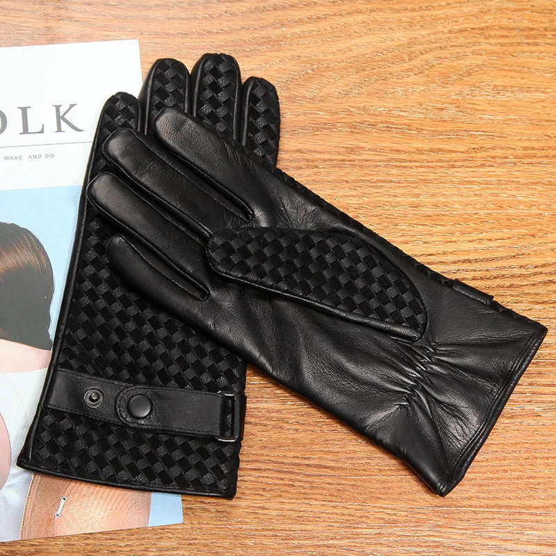 Real Leather Men Gloves Autumn Winter Thermal Plushed Lining Hand-made Woven Sheepskin Driving Gloves Male D0130 240201
