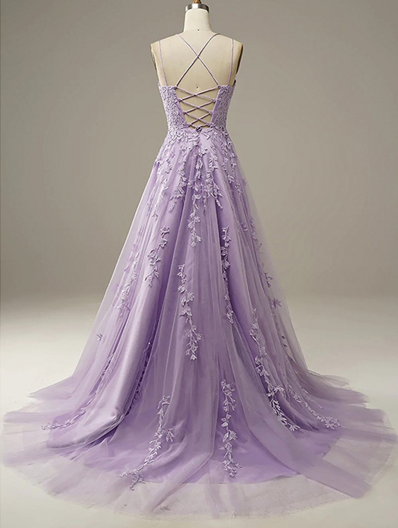 2025 Elegant Light Purple Evening Banquet Dress for Women Spaghtti Straps Lace Appliques Tulle A-line Prom Formal Party Gowns Robe De Soiree