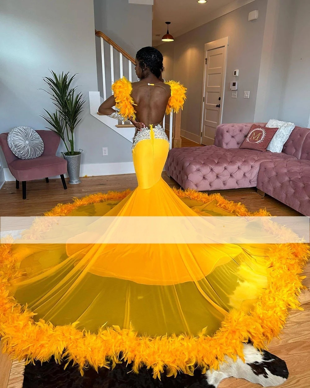 Sexy 2024 Yellow Prom Dress Beaded Crystal Rhinestones Feathers Gowns Birthday Party Dresses Mermaid Evening Gown Robe