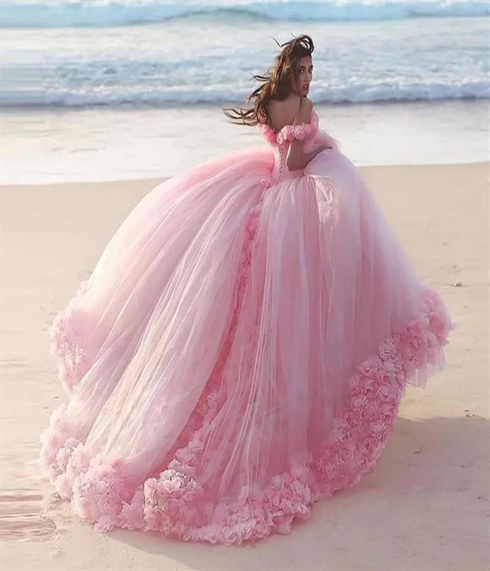 Pink Wedding Dresses New Bridesmaid Dresses A Line Formal Ball Gown Off-Shoulder Sleeveless Hand Made Flowers Tulle Custom Lace Up Plus Size Zipper Pl