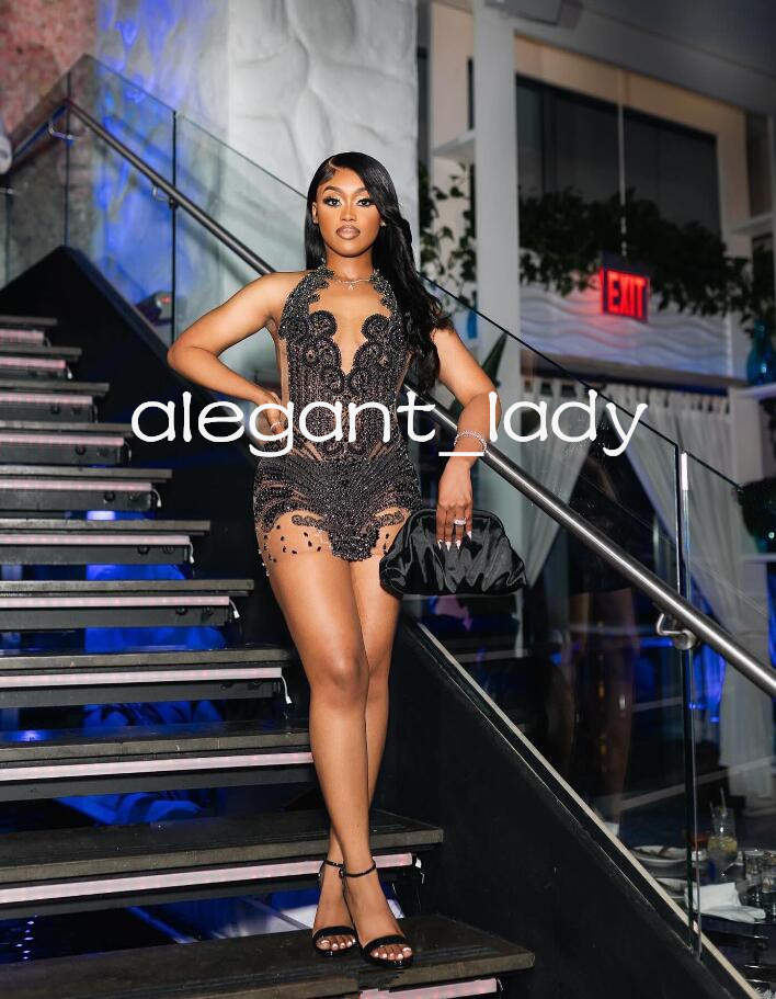 Sparkly Short Prom Birthday Dresses for Women Luxury Diamond Crystal Sheer Mesh Evening Cocktail Gown vestidos de graduacion