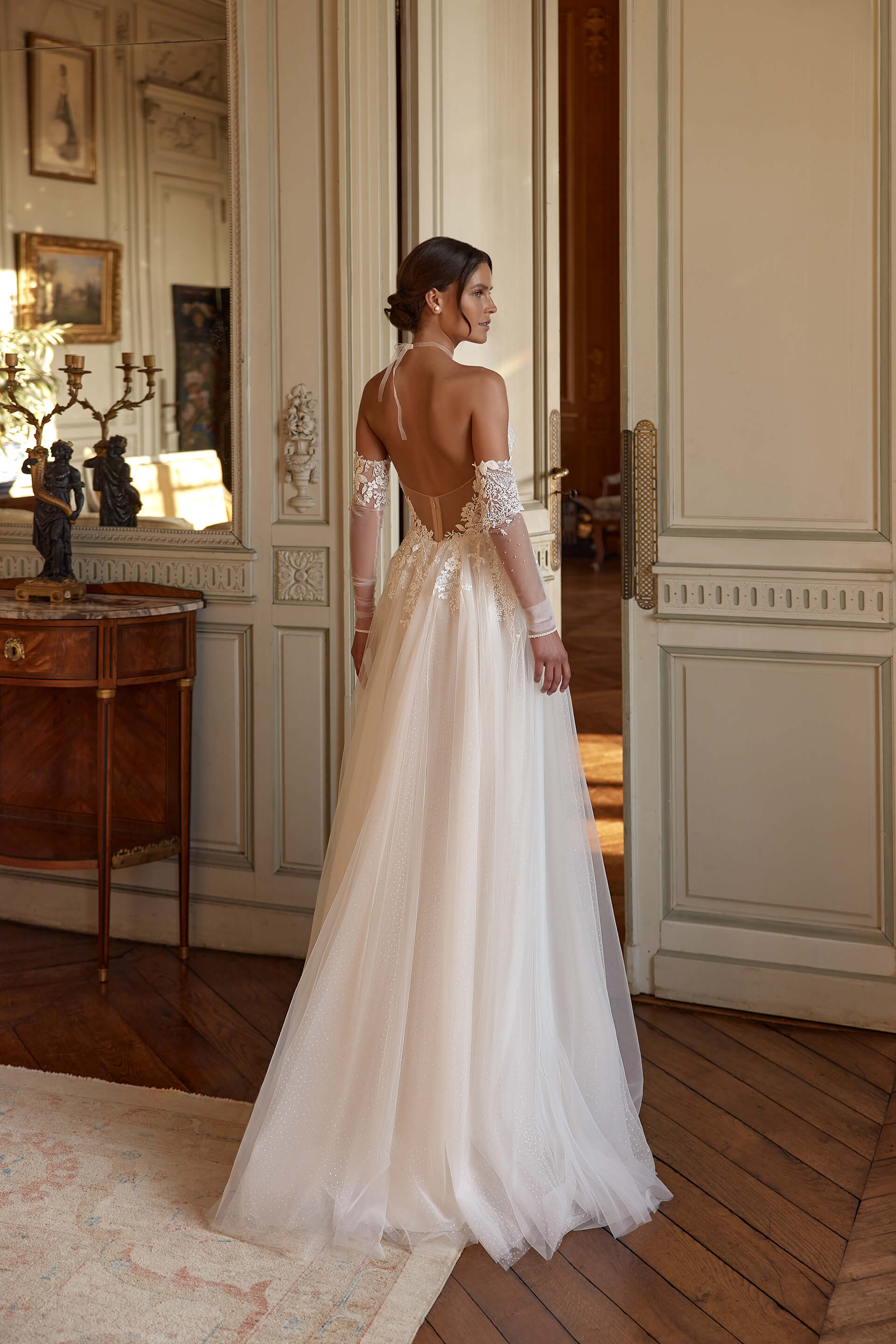 Chic Thigh High Slits A e Dresses Bridal With Detachable Sleeve Lace Appliques Bead Boho Wedding Gown 326
