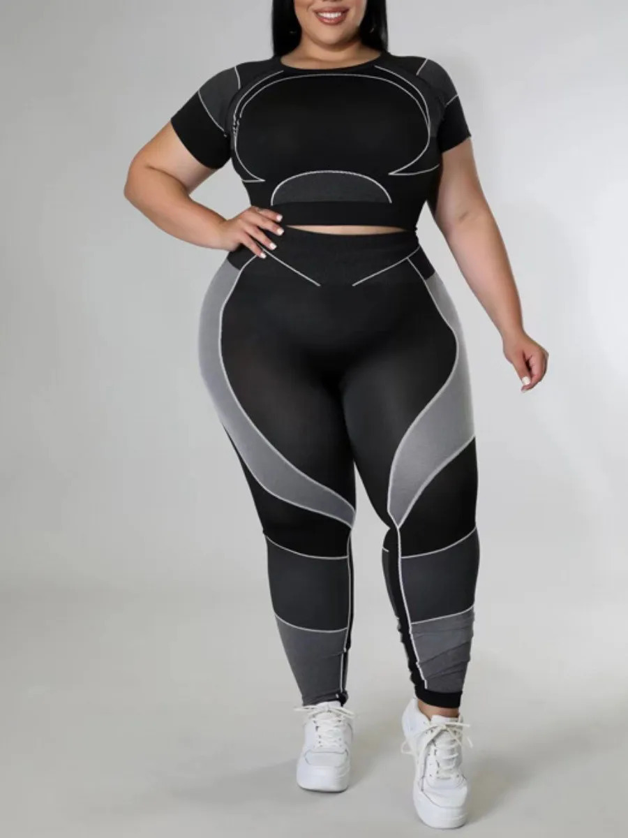 LW Plus Size Color Block Two Pieces Short Sleeve Crew Neck Crop Top T-shirt Stretch Sheath Sporty Trousers Patchwork Maxi 2PCS 240129