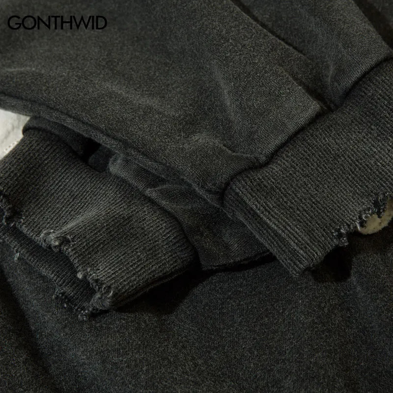 Vintage Mens Hoodie Sweatshirt Y2K Grunge Hip Hop Ripped Embroidery Teeth Patch Hooded Streetwear Harajuku Punk Gothic Pullover 240129