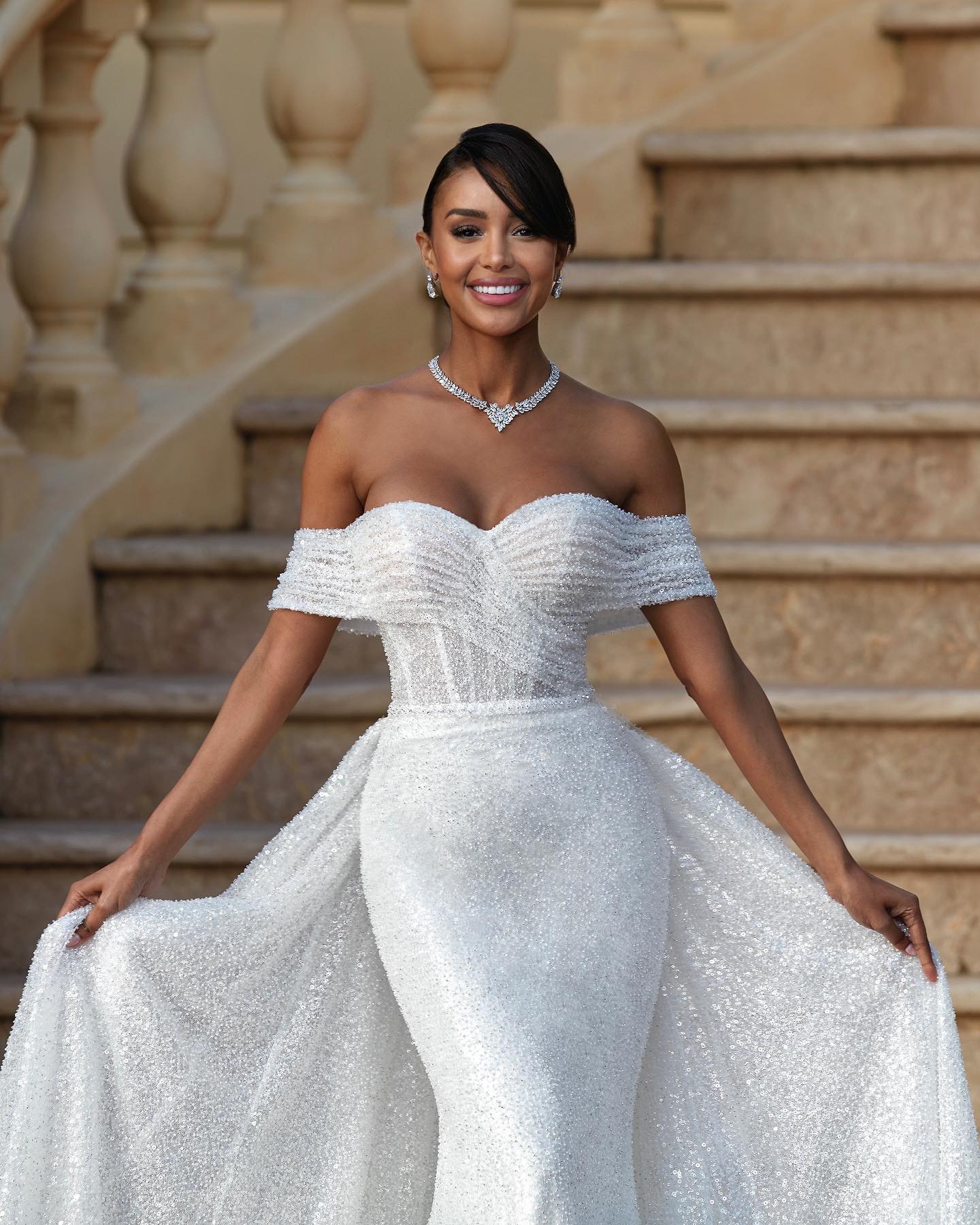 Mermaid Overskirts Wedding Dresses Off The Shoulder Shiny Tulle Bridal Gowns Sleeveless Country robes de mariee