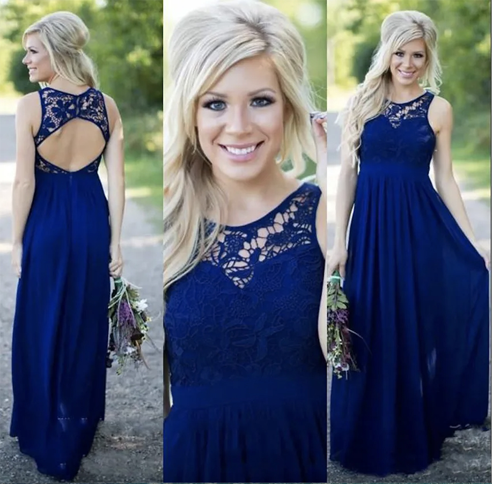 Beautiful Royal Blue Country Bridesmaid Dresses Long Lace Neck Prom Dresses Petite Chiffon 2024 Evening Gown Open Back junior Maid of honor