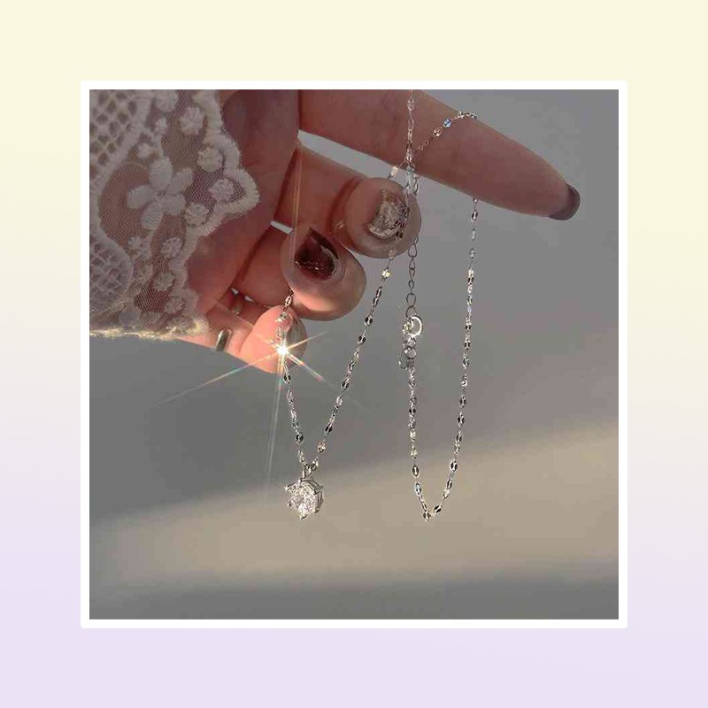 925 Silver Single Diamond Necklace Female Simple Design Sense Clavicle Chain Niche Light Luxury Jewlery Charms Pendant6586134