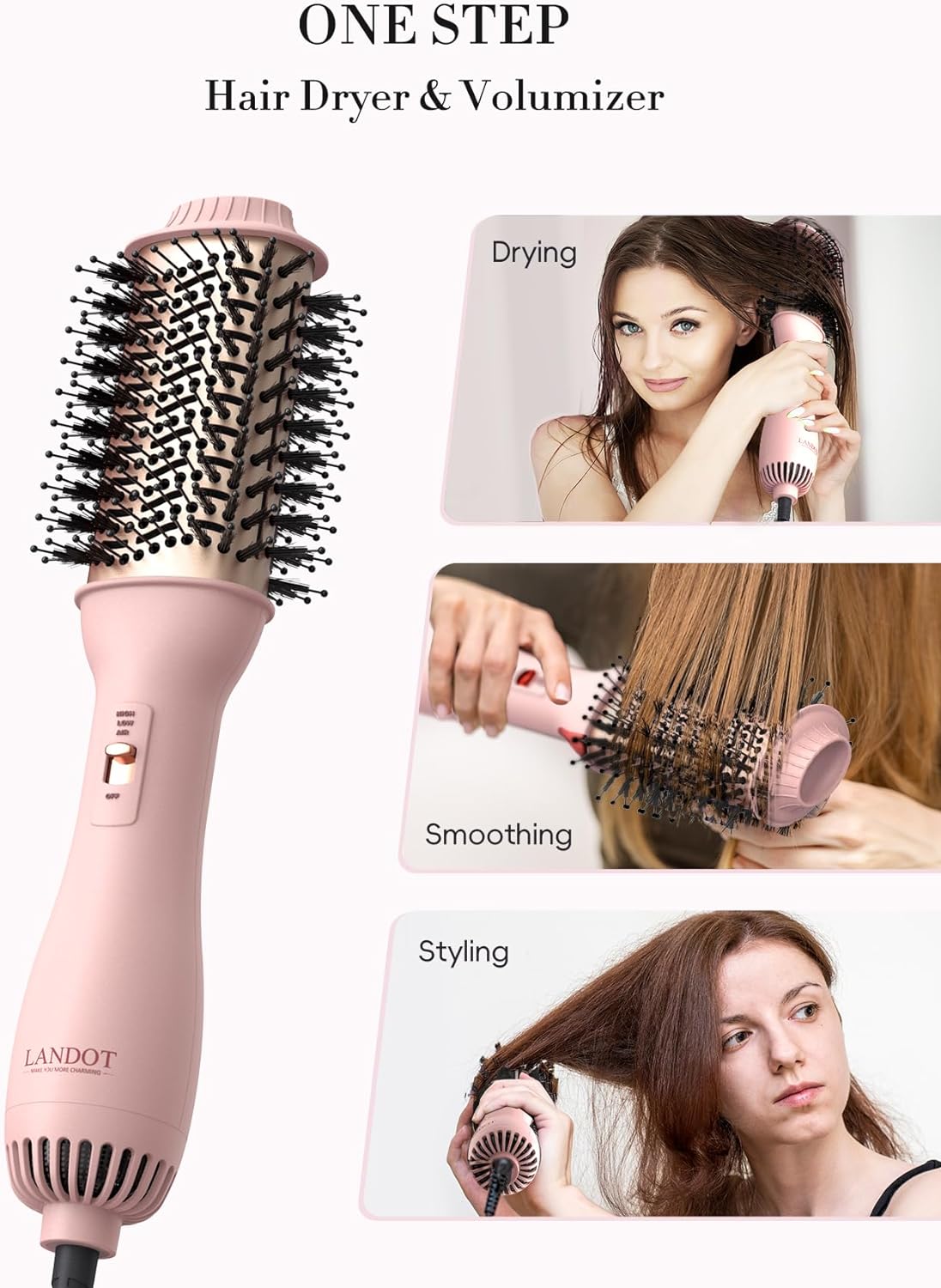 LANDOT Hot Hair Blow Dryer Brush: Upgraded Plus 2.0 Hot Air Brush One-Step HairDryer Styler and Volumizer 4 in 1 for Drying Straightening Curling Volu
