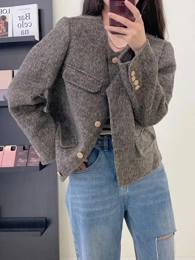 Autumn Women Elegant Woolen Coats Female Korean Chic Single Breasted Short Jackets Office Lady Fashion Oneck 240124