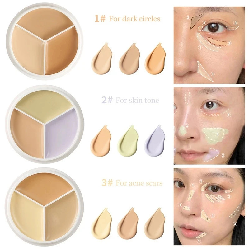 3-Color Concealer Palette Foundation Cream Full Coverage Suit for All Skin Face Makeup Cover Dark Circles Acne Pores Cream Base 240129