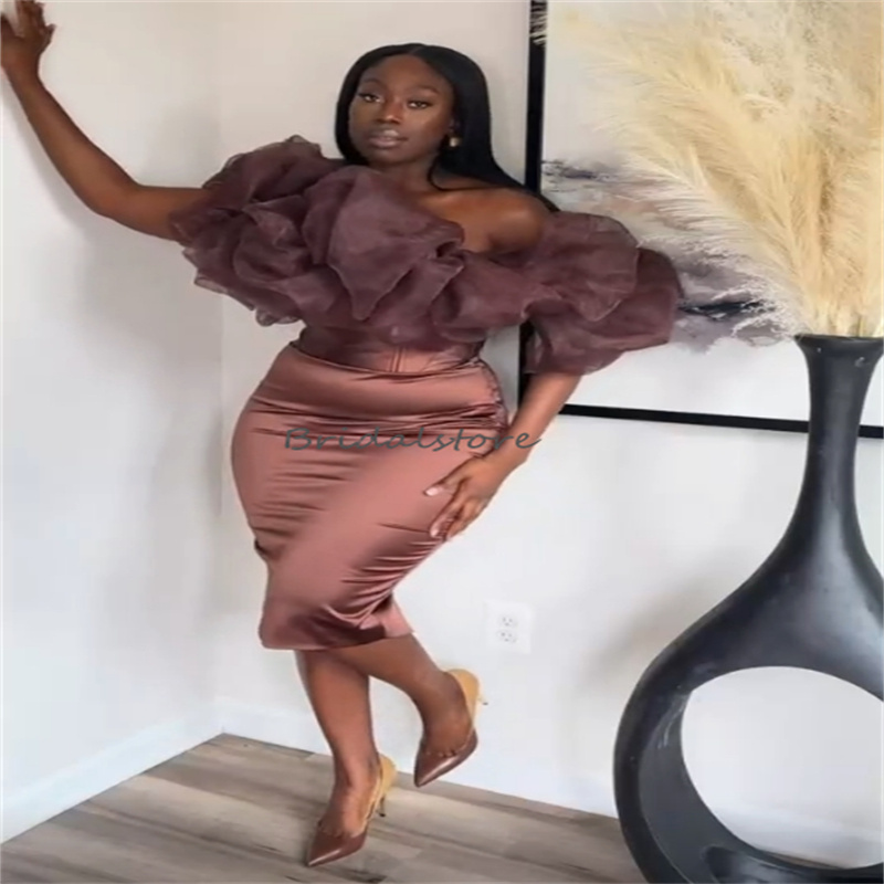 Sexy Brown Tan Evening Dress Chic Knee Length Black Girls Short Prom Dresses Sheath Organza Ruffles Graduation Cocktail Party Robe Mariee Elegant Vest