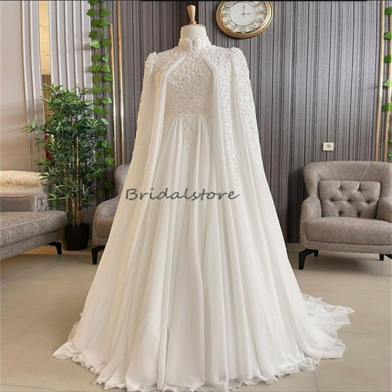 Elegant Muslim Wedding Dress Caucasian Elegant High Neck Beaded Lace Islamic Princess Bridal Dresses With Caped Chiffon Bride Vestios De Novia Robe De