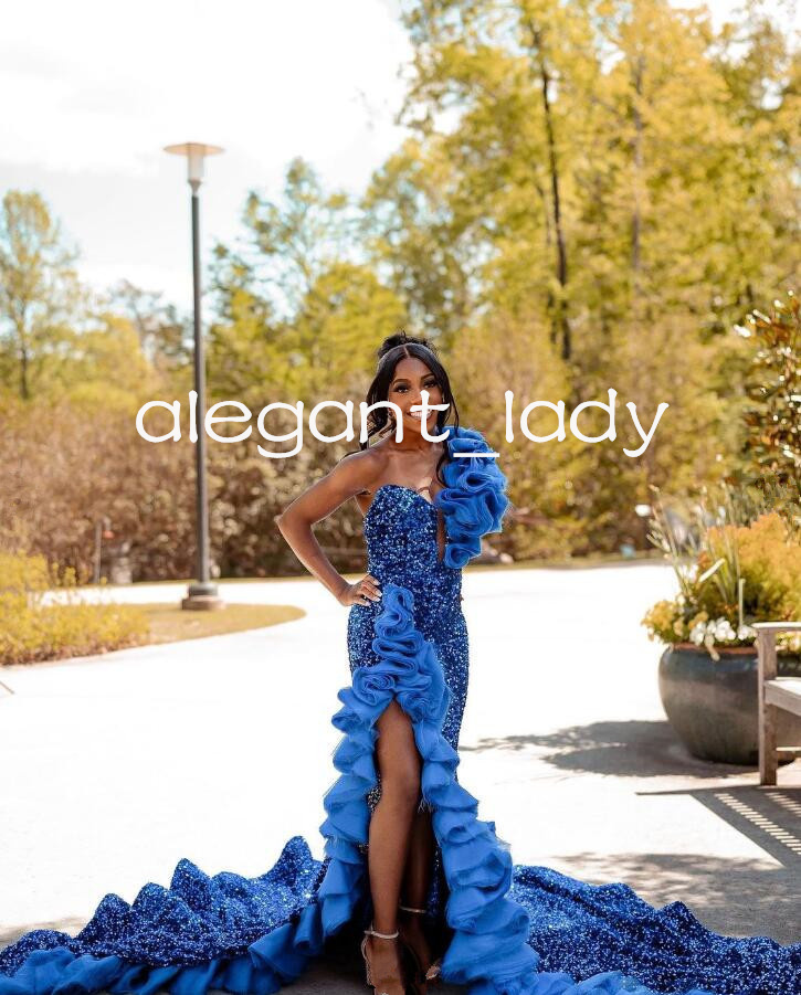 Royal Blue Sparkly Trumpet Evening Birthday Dresses Luxury Velvet Ruffles Shoulder Slit Prom Ceremony Gown for Black Girl