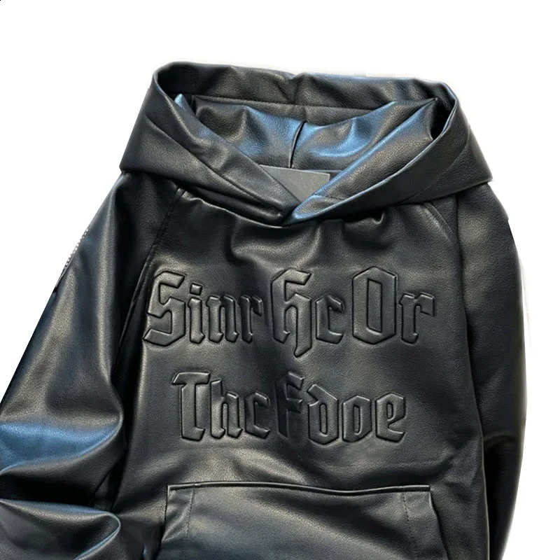 Men's Hooded Sweatshirt Women Pu Leather Motorcycle Jacket Hoodies Long Sleeves Pocket Letter Solid Color Loose Casual Tops 240126