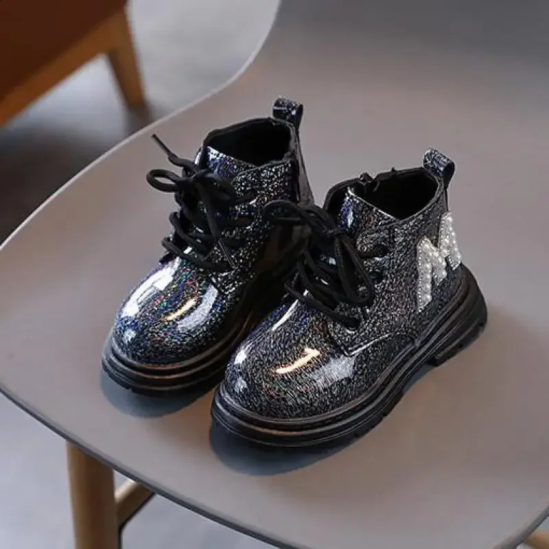 Girls Short Boots Autumn Winter Shiny Pearls Single Boots Little Boys Fashion Ankle Boots Pink White Black Boots Kids Shoes 240127