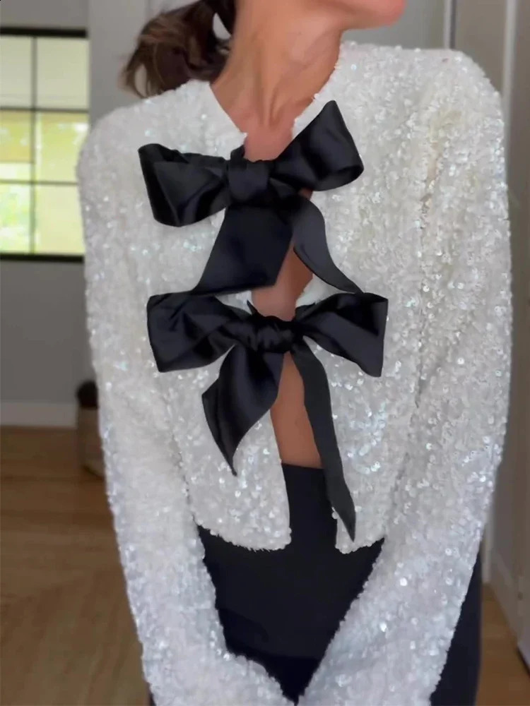 Christmas Bow Sequins Jacket For Women Fashion Sparkling Coats Female Elegant Long Sleeve Chic Cropped Shiny Evening Partywear 240122