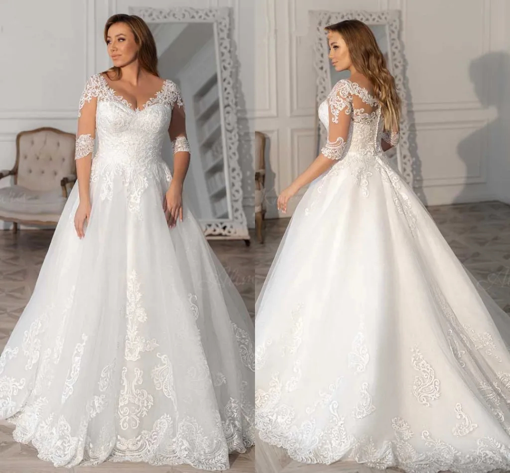 Elegant A Line Wedding Dresses Half Sleeves Lace Appliques V-Neck Ivory Tulle Long Bridal Gowns Court Train Back Buttons 2024 Spring Summer Garden Bri