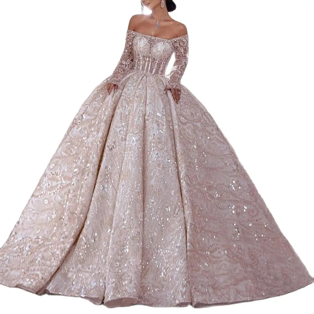 Glitter Beading Wedding Dresses Ball Gown Glamorous Off The Shoulder Sequined Lace Vestido De Noiva Custom Made Bridal Dress