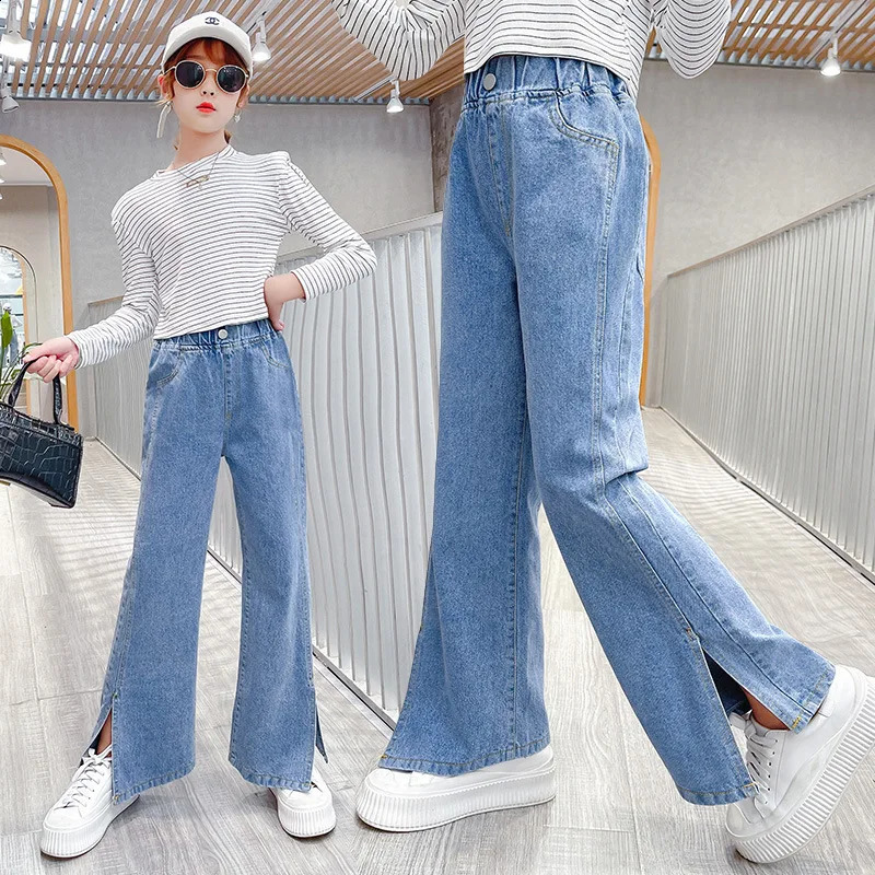 Split Denim Pants Jeans for Girls Korean Style Spring and Autumn Kids Jeans Baby Girls Clothes Casual Baggy Jeans Wide Leg Pants 240118