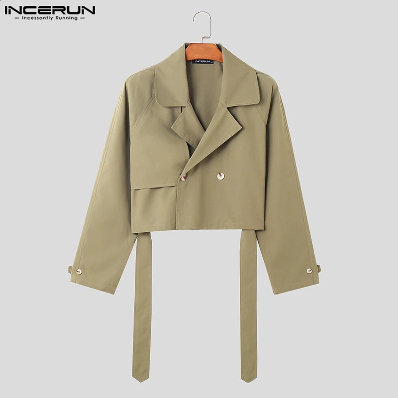 INCERUN Fashion Men Jackets Lapel Long Sleeve Solid Color Streetwear Male Crop Coats Loose Casual Jackets With Belt S-5XL 240126