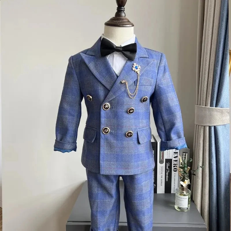Children's Wedding Host Performance Party Dress Suit Set Autumn Winter Boys Plaid Blazer Vest Pants Clothes Kids Formal Costume 240119