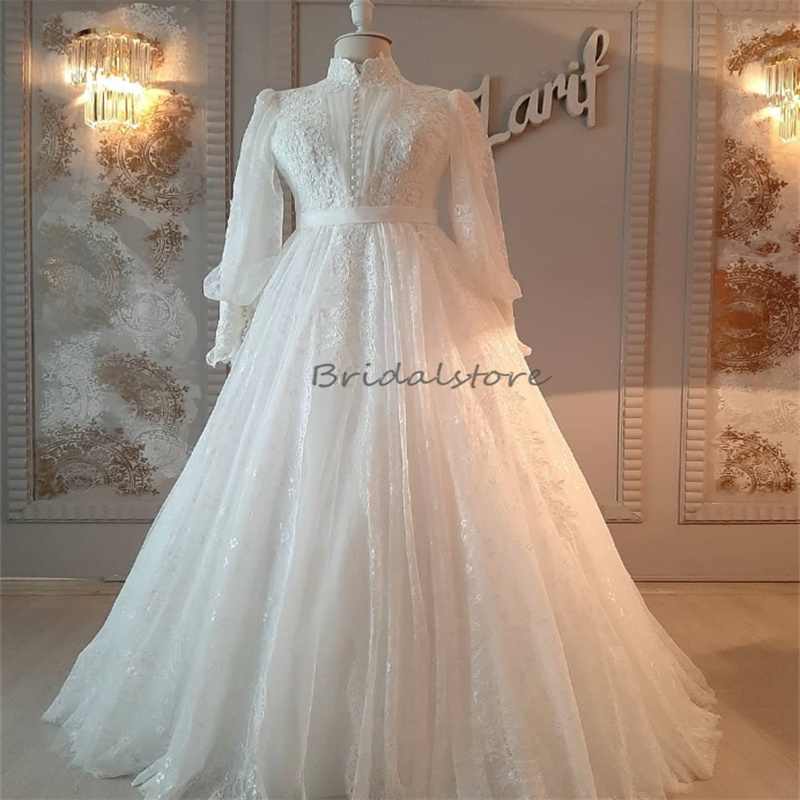 Modest Muslim Wedding Dresses Long Sleeve Elegant High Neck Appliques Lace Country Style Bridal Dress A Line Floor Length Islamic Boho Bride Dress Rob