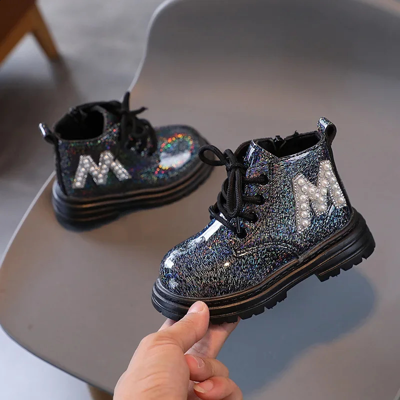 Girls Short Boots Autumn Winter Shiny Pearls Single Boots Little Boys Fashion Ankle Boots Pink White Black Boots Kids Shoes 240127