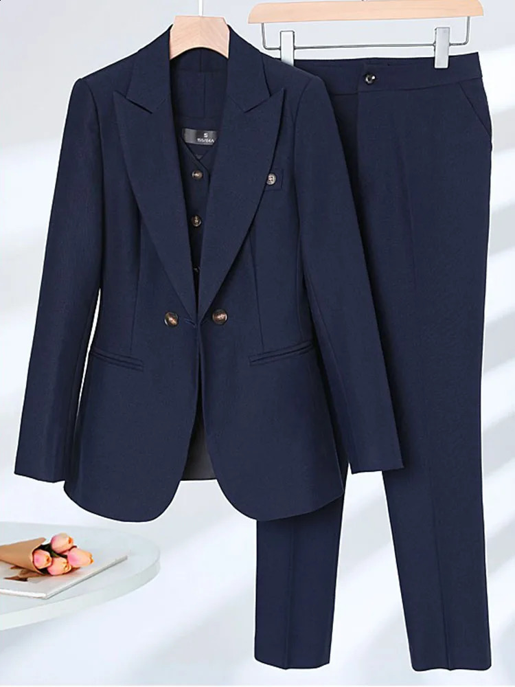 Casual Pant Suits for Women Long Sleeve Office Streetwear Two Piece Solid Double Breasted Spring Summer 240127