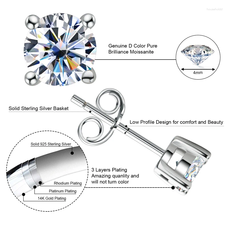 Stud Earrings Anziw Sparkle Real Moissanite Black Dia Sier Gold Ear Piercing Jewelry For Women Men Gifts 3mm/4mm/5mm
