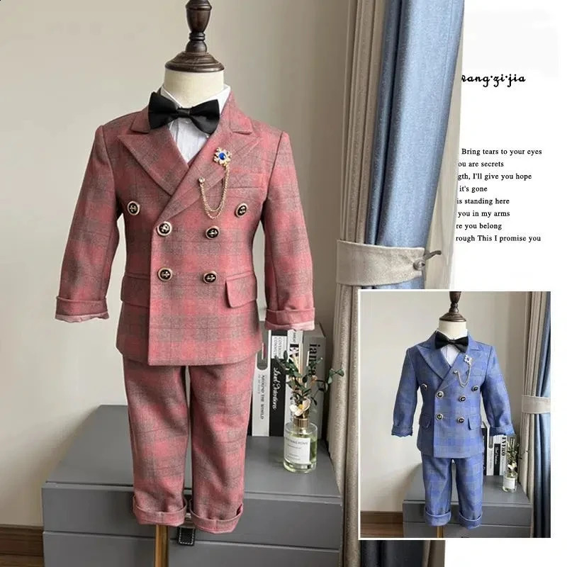 Children's Wedding Host Performance Party Dress Suit Set Autumn Winter Boys Plaid Blazer Vest Pants Clothes Kids Formal Costume 240119